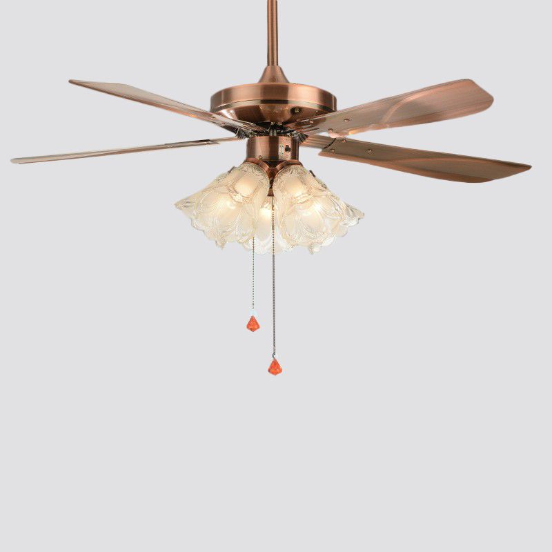 Éclairage de ventilateur de pendentif à 5 légers Light Classic Room 5-BLADE SEMI FLUX MONT ÉCLAIRATION AVEC FLORAL GRATINE GLASK TABLE, 42 "de large