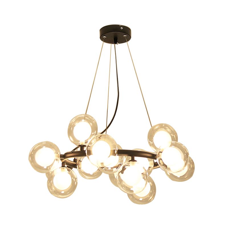 Global Shade Ceiling Light Fixture Modernist Glass 15/25 Bulbs Black/Gold Finish Chandelier Lamp with Metal Ring