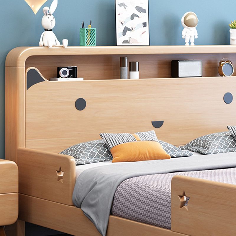 Solid Wood Platform Bed Natural Rubberwood Kids Bed with Headboard and Guardrail