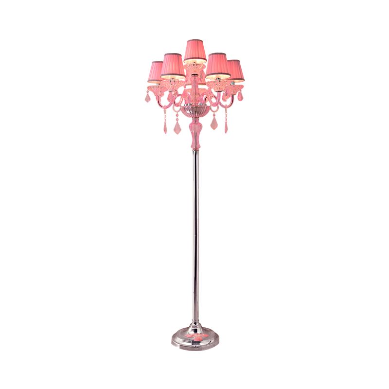 Crystal Pink Floor Reading Lamp Candlestick 5/6/7-Head Traditional Standing Light with Pleated Lampshade