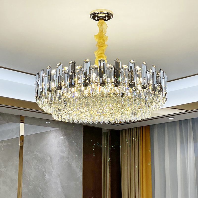 Modern Round Chandelier Smoke Grey and Clear Crystal Restaurant Suspended Lighting Fixture