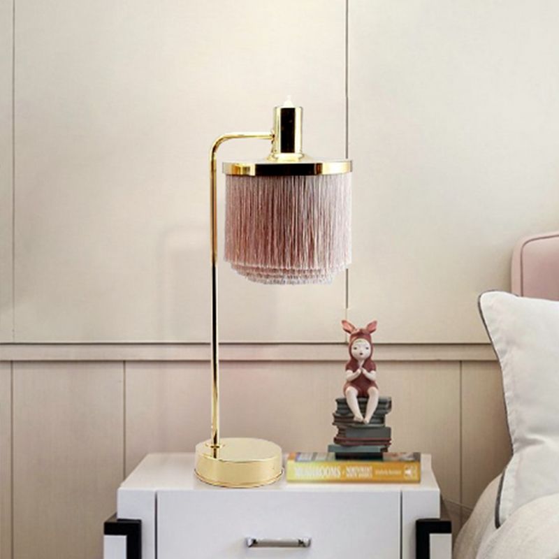 Tassels Fabric Desk Light Modernist 1 Head Pink Night Table Lamp with Gold Arm for Bedside