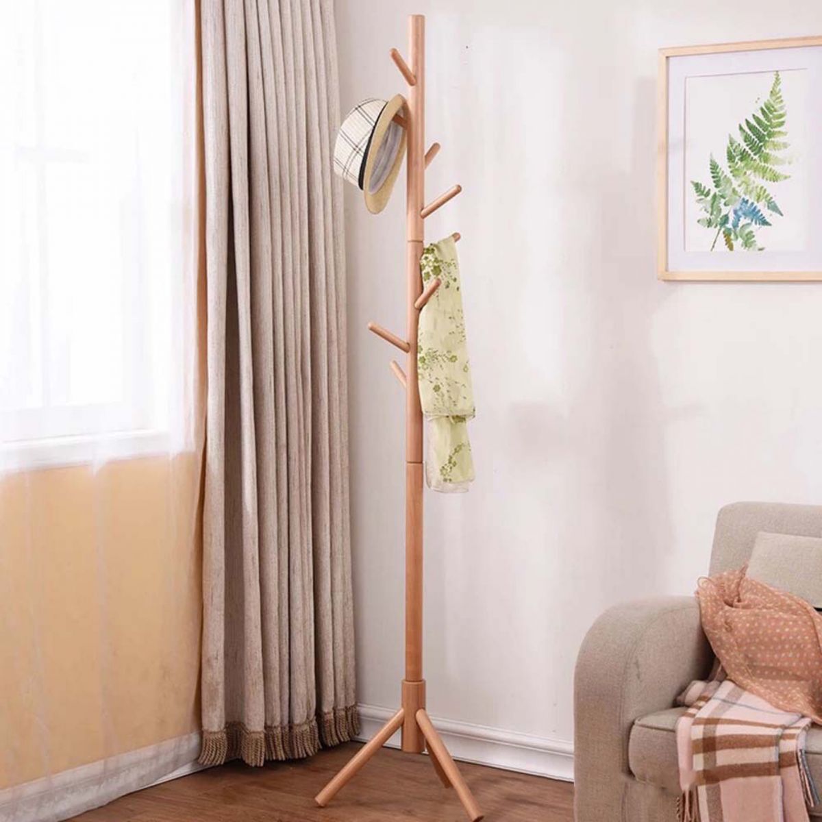 Modern Style Coat Rack Solid Pine Wood Free Standing Hooks Design Coat Rack