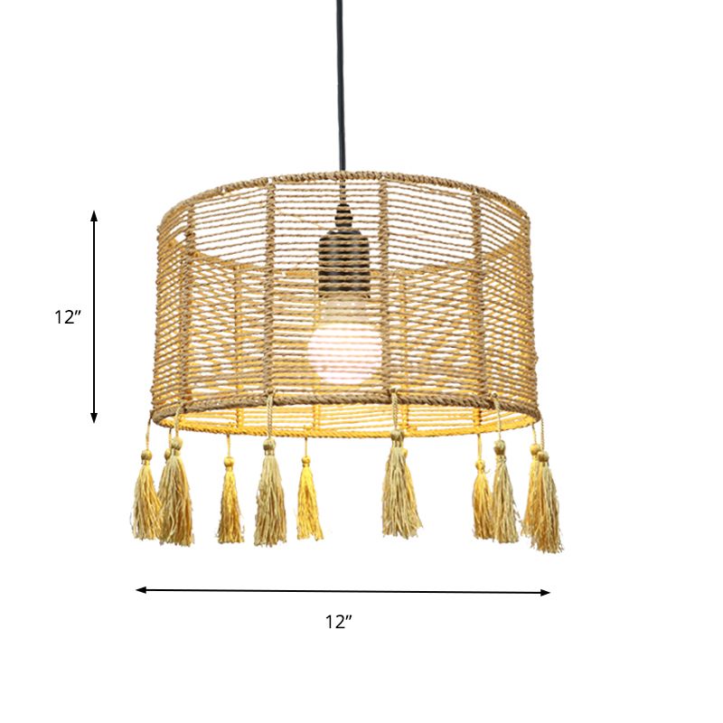 12"/16" Wide Drum Shade Pendant Lamp Modernist Style Rattan 1/3-Light Beige Hanging Lighting with Tassel