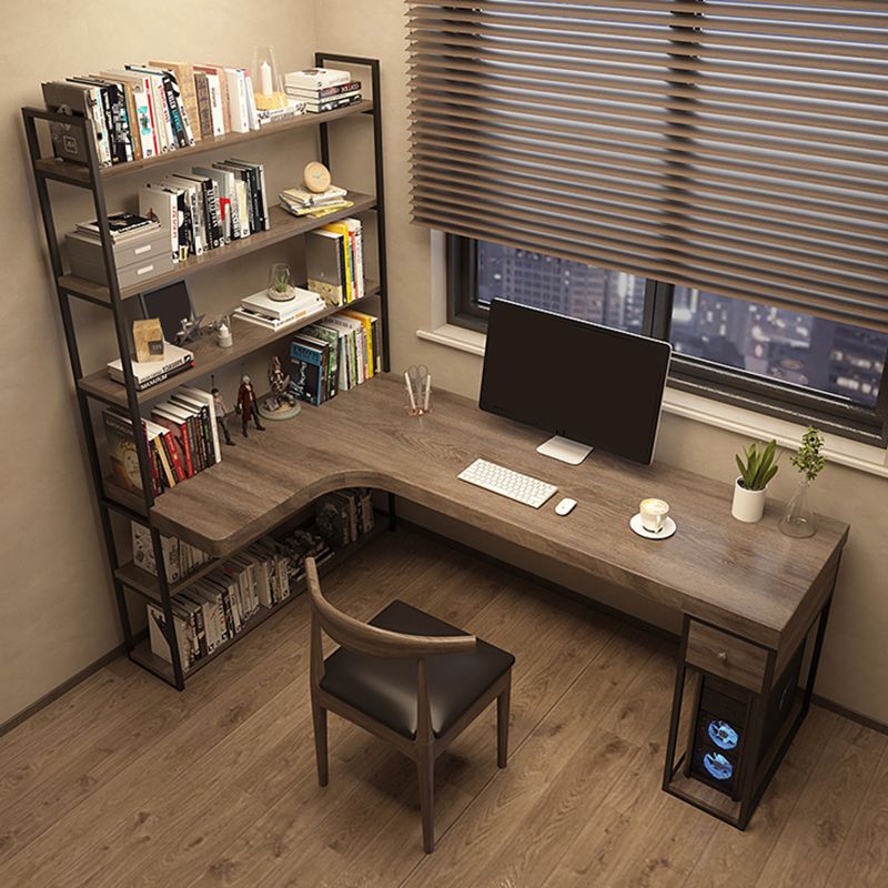 Industrial L-Shape Computer Desk Office Pedestal Writing Desk with Bookshelf