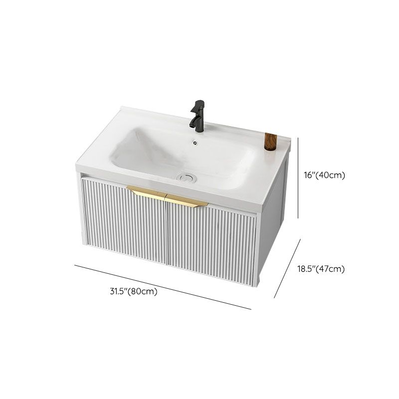 Rectangular White Vanity Single Sink Wall Mount 2 Doors Faucet Metal Frame Mirror Vanity