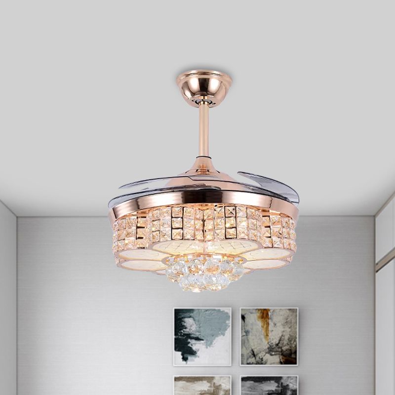 19 "W LED Parlor Semi Flush Mount Simple Rose Gold 4-blade hangende ventilatorlicht met bloemen kristalblokt tint