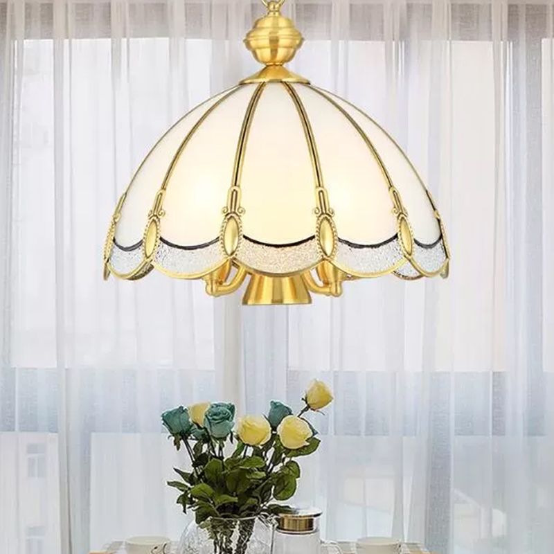 Small/Large 3/5 Lights Chandelier Lamp Vintage Scalloped Opal Glass Ceiling Lighting in Brass