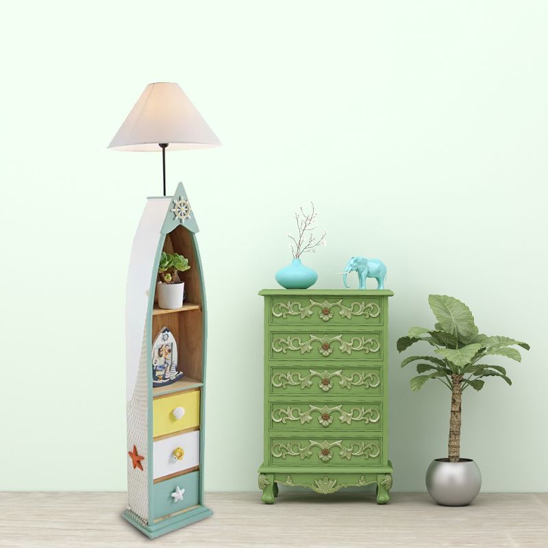 Wood Surfboard-Like Shelf Floor Lamp Children Single Head Pink/Green/Blue Standing Light with Cone White Fabric Shade