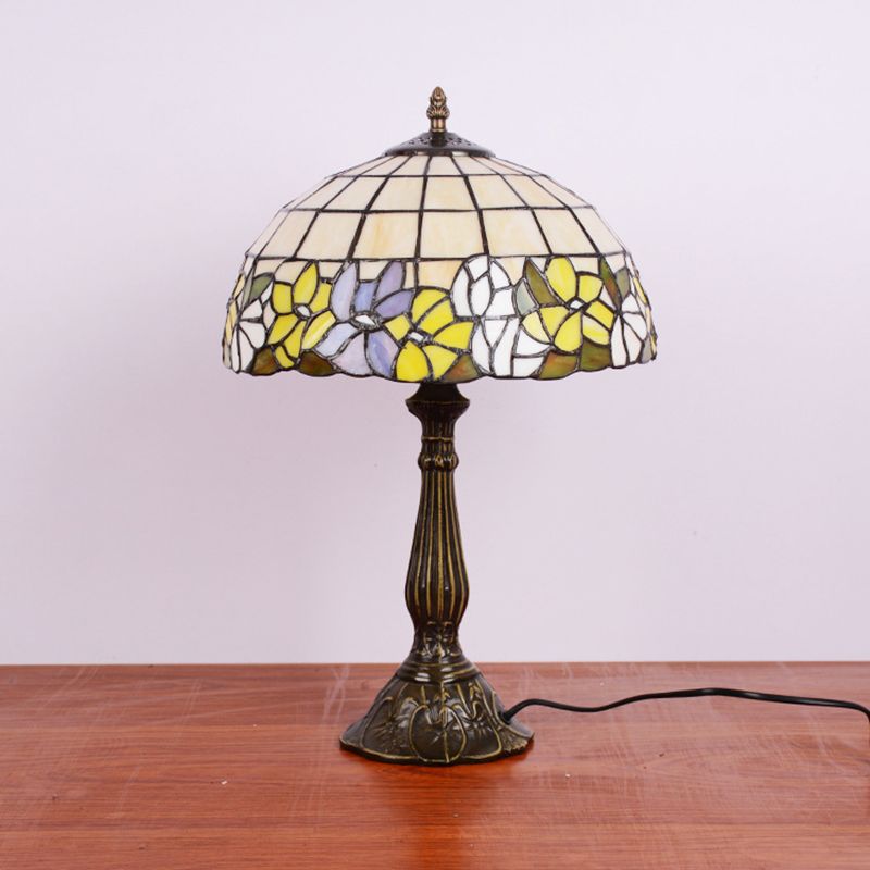 Bronze Gridded Bowl Shade Night Lamp Tiffany 1 Bulb Cut Glass Table Lighting with Flower-Border