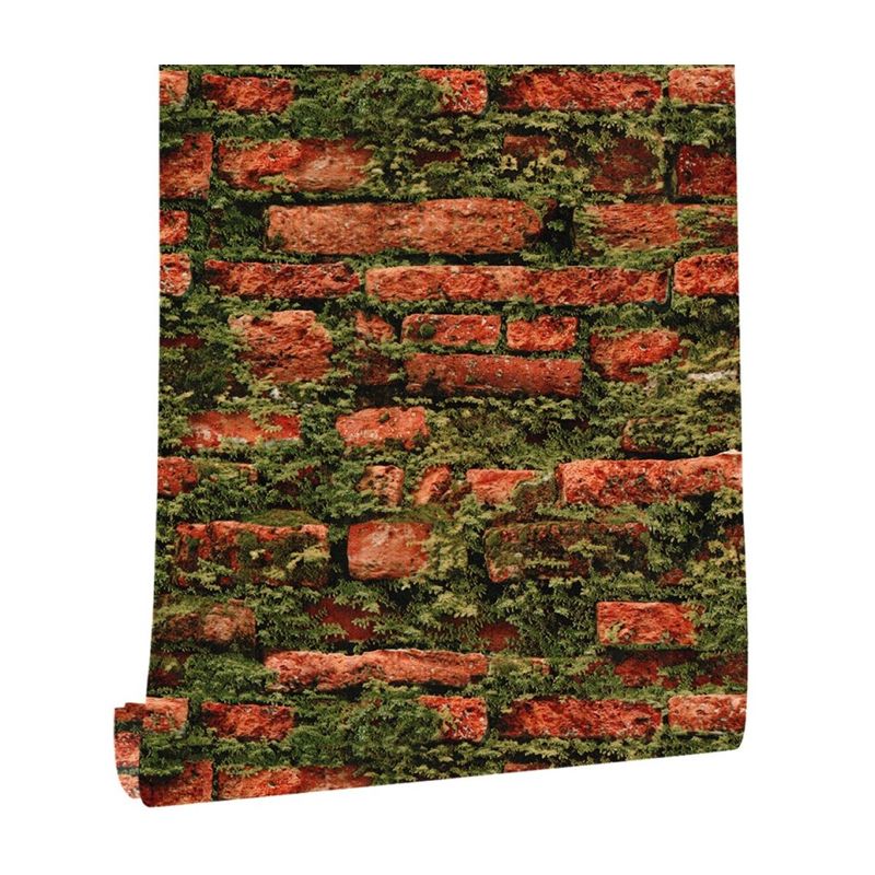 Steampunk Mossy Brick Wallpaper Roll for Bedroom 57.1-sq ft Wall Covering in Red