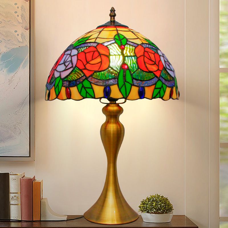 Gold 1 Light Night Table Lamp Mediterranean Cut Glass Bowl Shape Desk Light with Rose Pattern