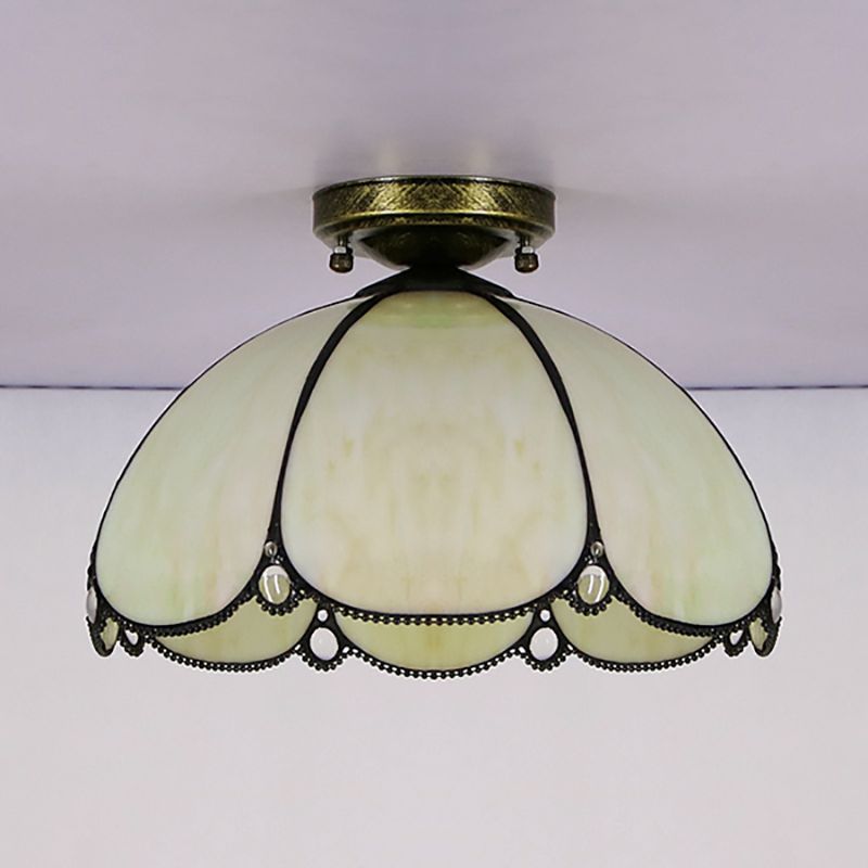 Vintage Scalloped Flush Light Stained Glass 1 Light Flush Mount Light in White/Beige/Blue/Clear/Blue and Clear for Living Room