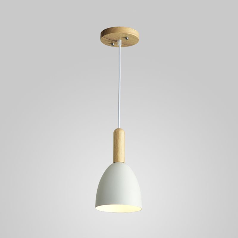 Metallic Bell Hanging Light Macaron 1-Head Down Lighting Pendant with Wooden Handle