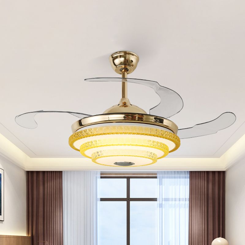 3 Blades Modern Round Semi Flush Bevel Cut Crystals LED Ceiling Fan Lamp in Gold, 42" Width