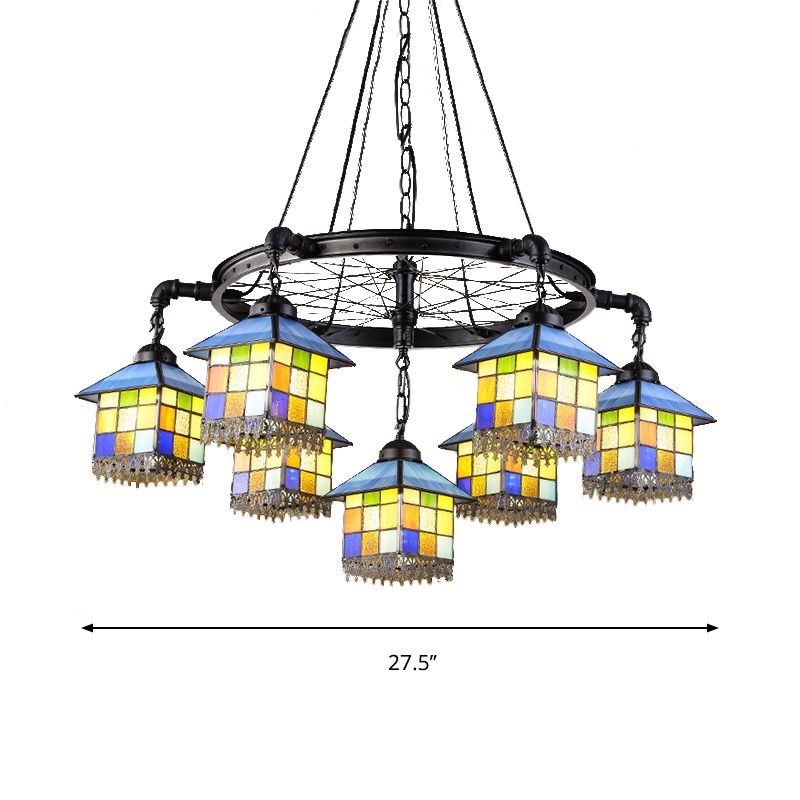 7 Lights House Chandelier Light Lodge Colorful Glass Pendant Light with Black Wheel for Library