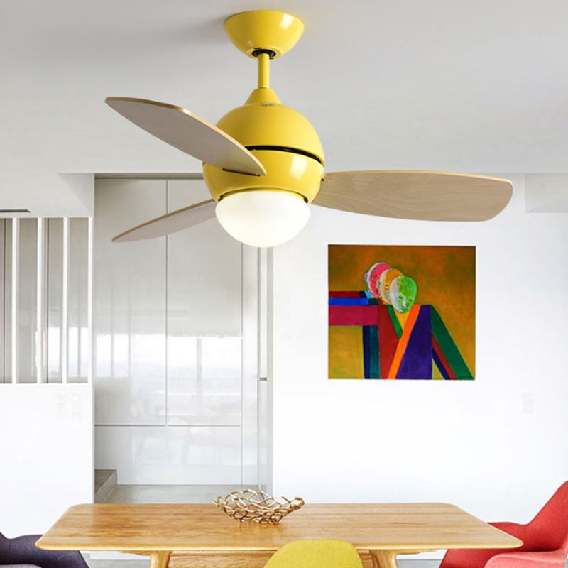 Modernist Bowl Metal Fan Light LED Semi-Flush Mount in Pink/Yellow/Green with 3 Wood Blades for Living Room, 34" Width