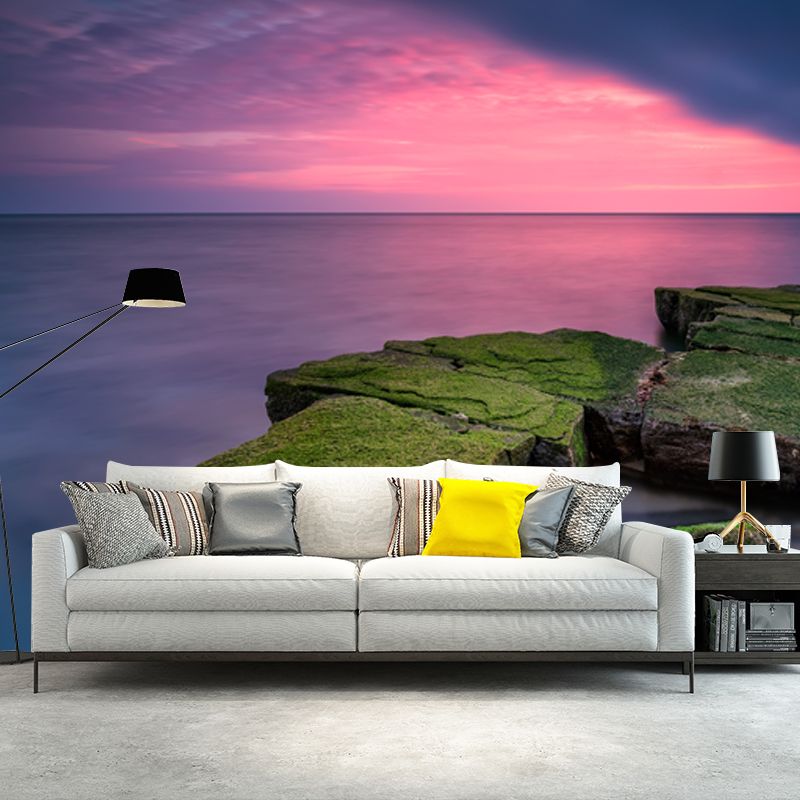 Pink-Blue Sunset Ocean Mural Decal Stone with Grass Modern Waterproof Wall Covering