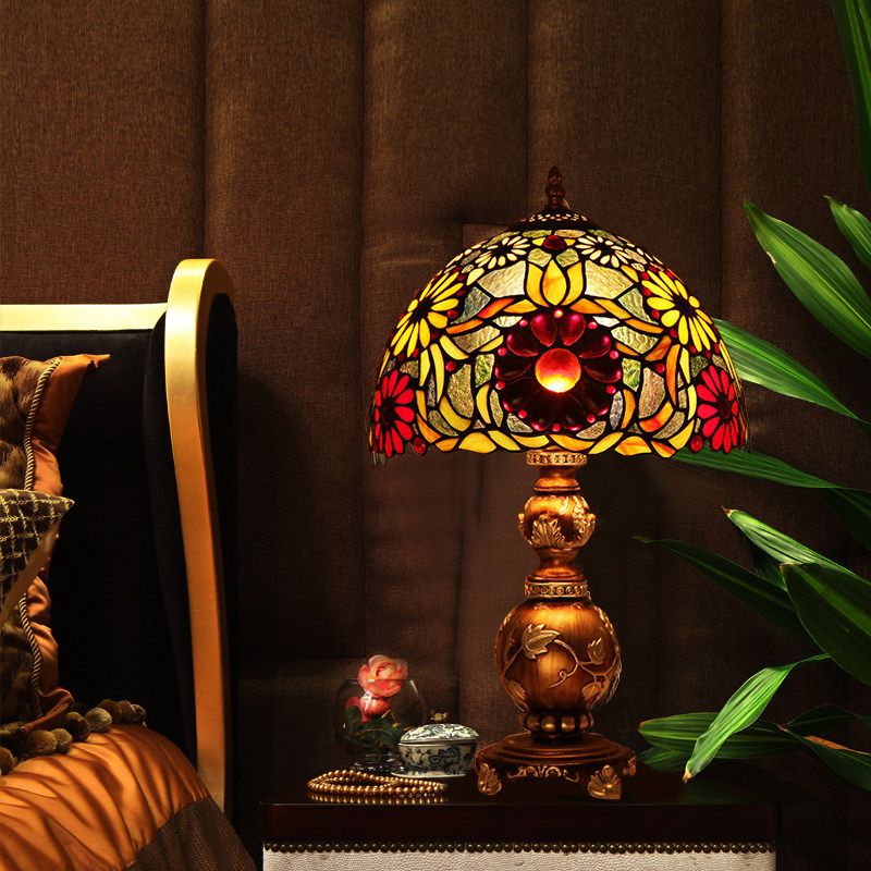 Chrysanths Table Lamp Tiffany Stained Glass 1 Head Brown Night Stand Light with Dome Shade