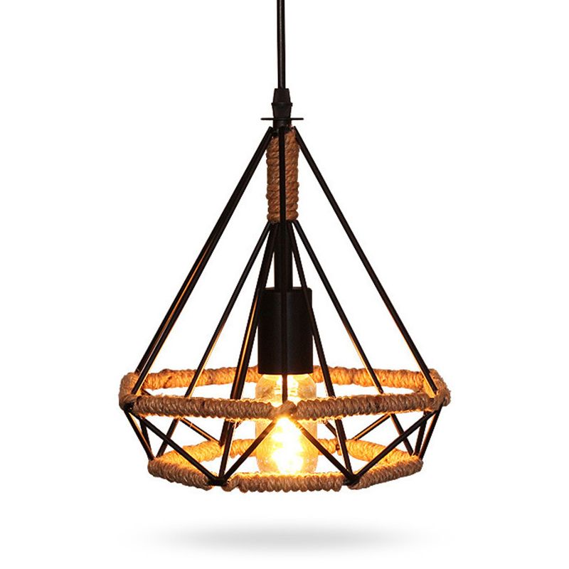 1 Light Diamond Cage Hanging Ceiling Lights Creative Industrial Metal Pendant Light Fixtures for Restaurant