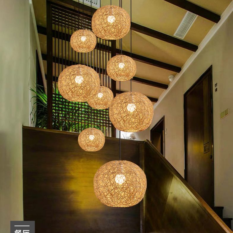 Ristorante a ciondolo kit kit kit asiatico asiposo beige luce a soffitto con ombra rattan globo