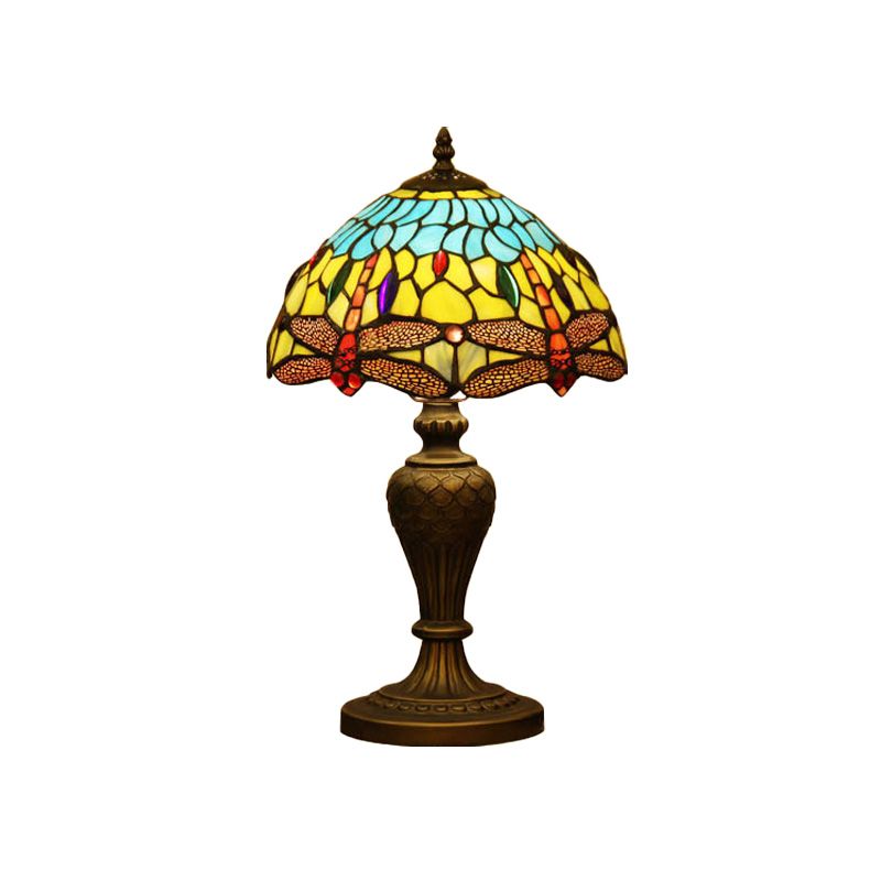 Stained Glass Domed Night Light Victorian 1 Light Yellow and Blue Dragonfly Patterned Desk Lamp with Urn-Shaped Base