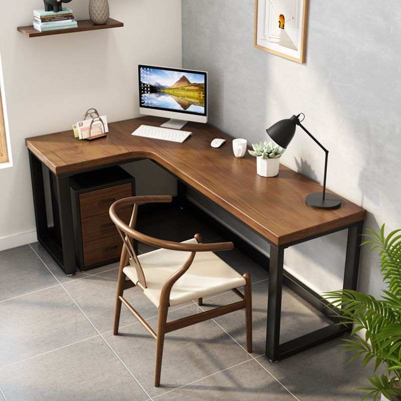 L-Shape Solid Wood Office Table Industrial Home Working Fixed Table