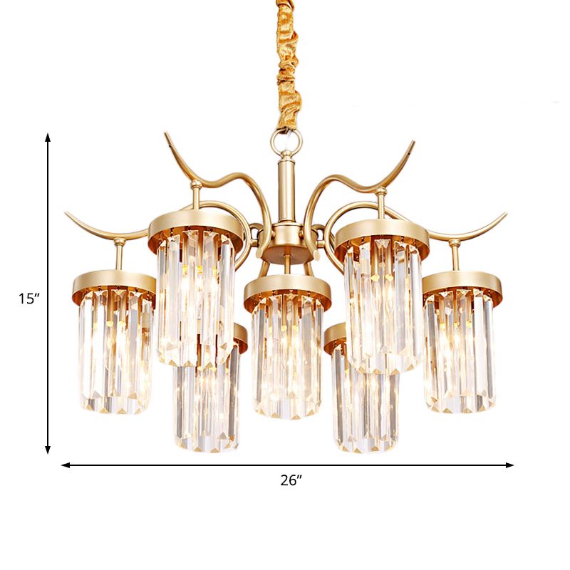 Crystal Cylindrical Chandelier Light Modernism 7/9-Head Hanging Ceiling Light in Brass