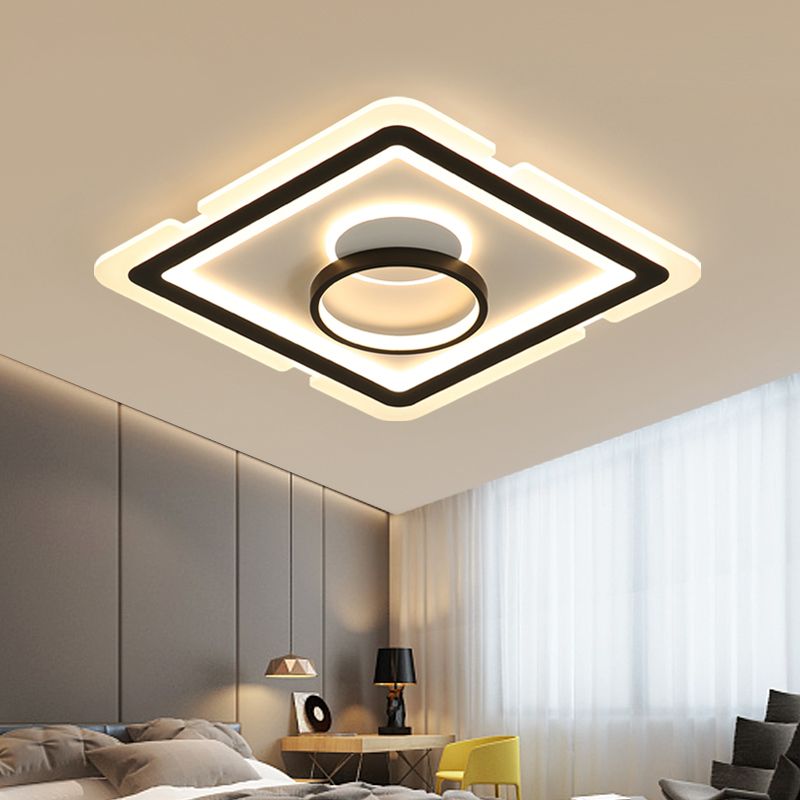 Iluminación de techo cuadrada acrílica, luz LED empotrada contemporánea de 16"/19,5" para dormitorio en blanco y negro