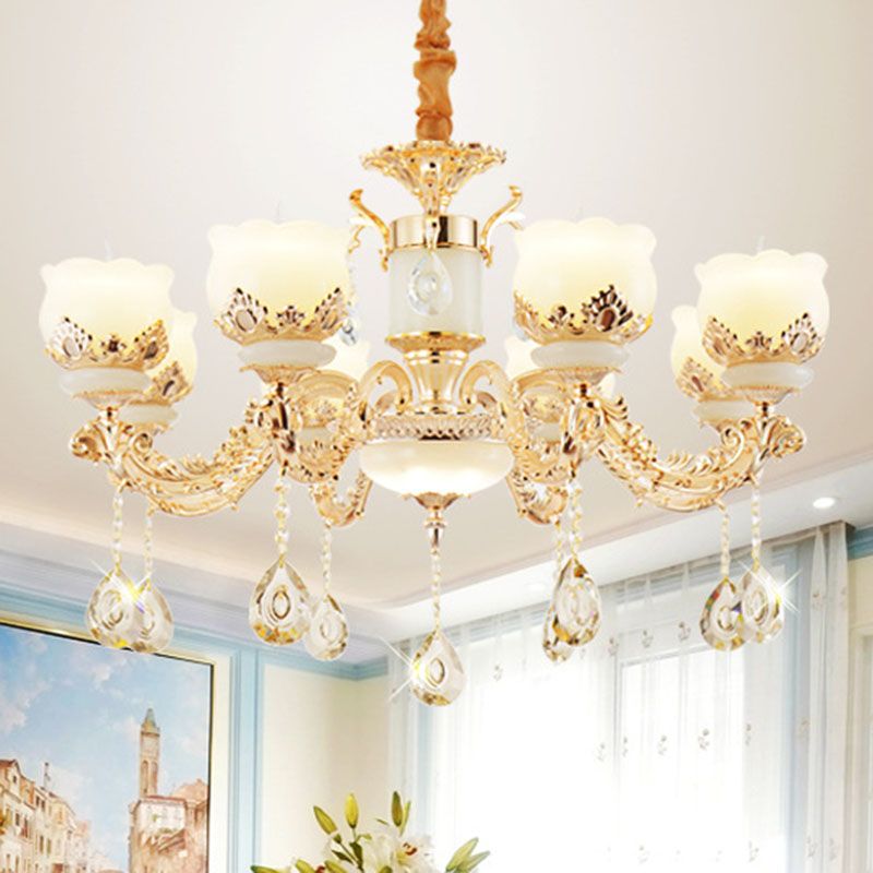 Minimal Chandelier Light Fixture Gold Blossom Crystal Pendant Lighting with Jade Shade