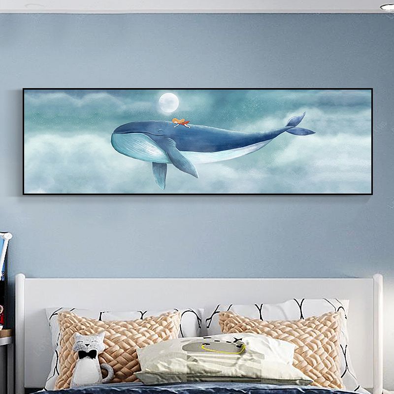 Illustrated Whale and Moon Canvas Art Soft Color Kids Style Wall Decor for Living Room