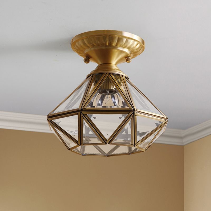 Full Brass European Style Ceiling Light with Glass Shade 1 Light Polyhedron Flush-mount Light for Bedroom