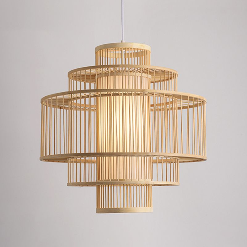 Chinese Cylinder Hanging Lamp Dining Beige Rattan Pendant Ceiling Light with 1 Light