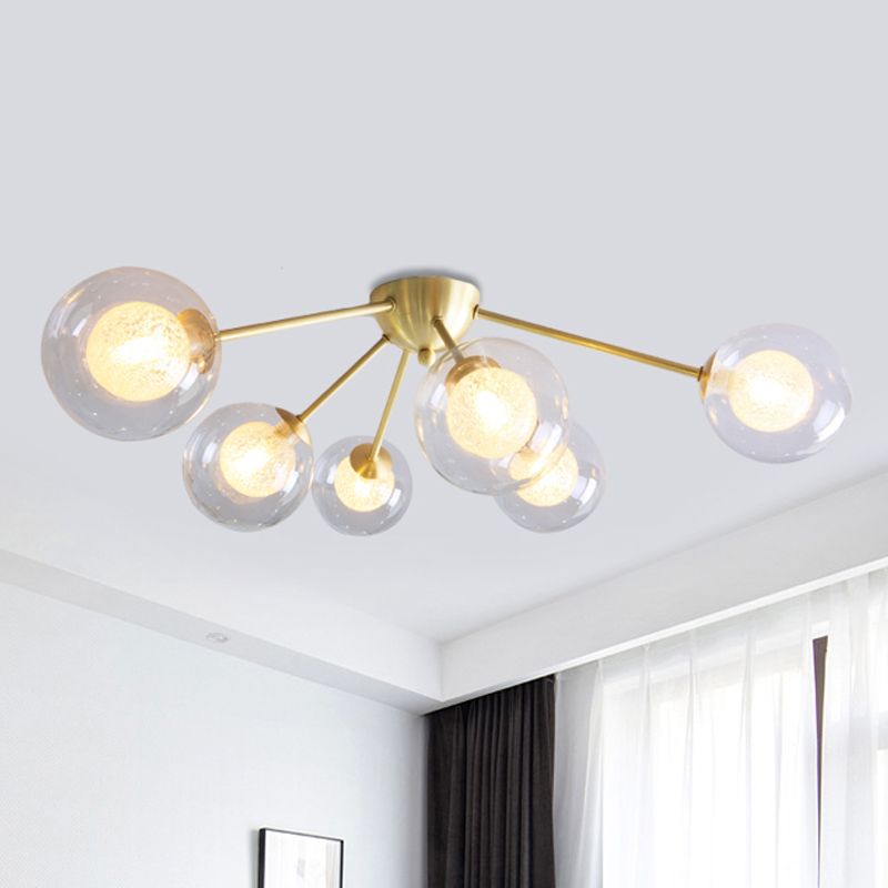 Modern Global Semi Flush Mount Clear/Amber/Smoke Glass 3/6 Lights Led Bedroom Semi Flush Mount Light Fixture in Gold