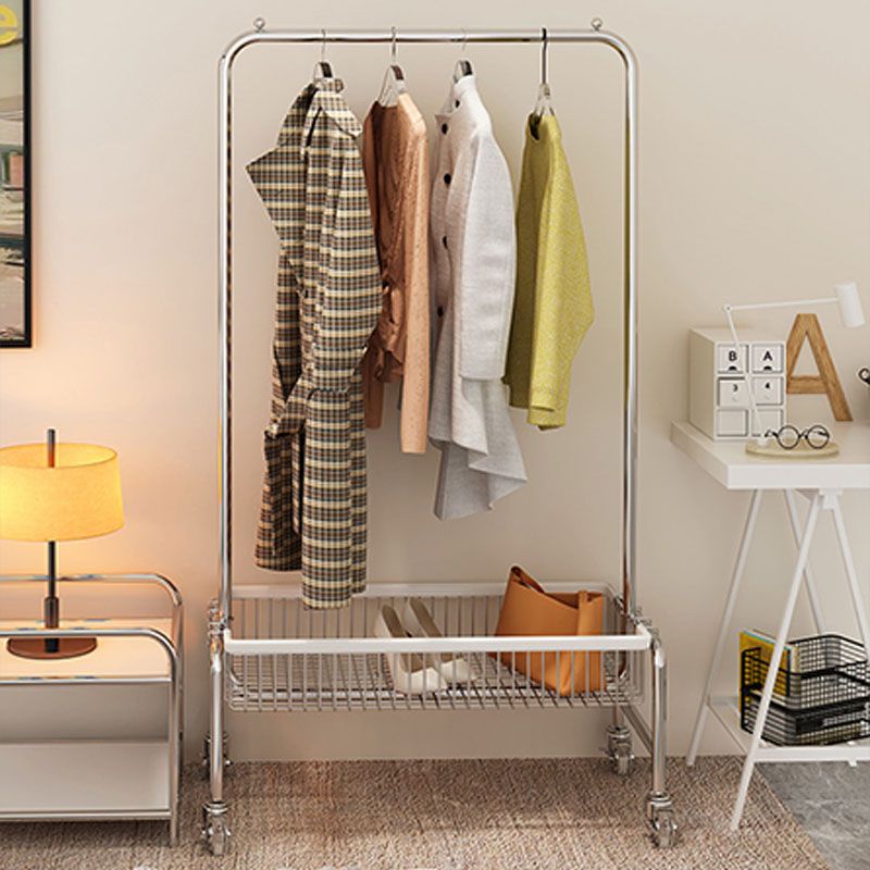 Industrial Metal Coat Rack Hanging Rail and Storage Basket Entryway Kit with Castors