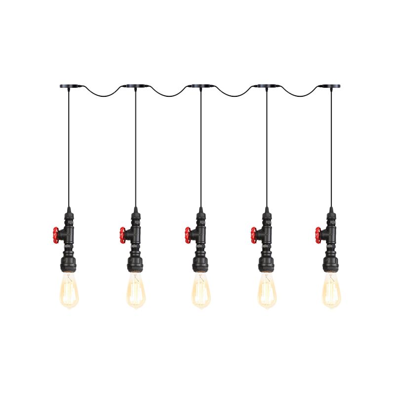 Black Finish 5/7 Bulbs Multi Pendant Light Industrial Iron Bare Bulb Tandem Hanging Lamp