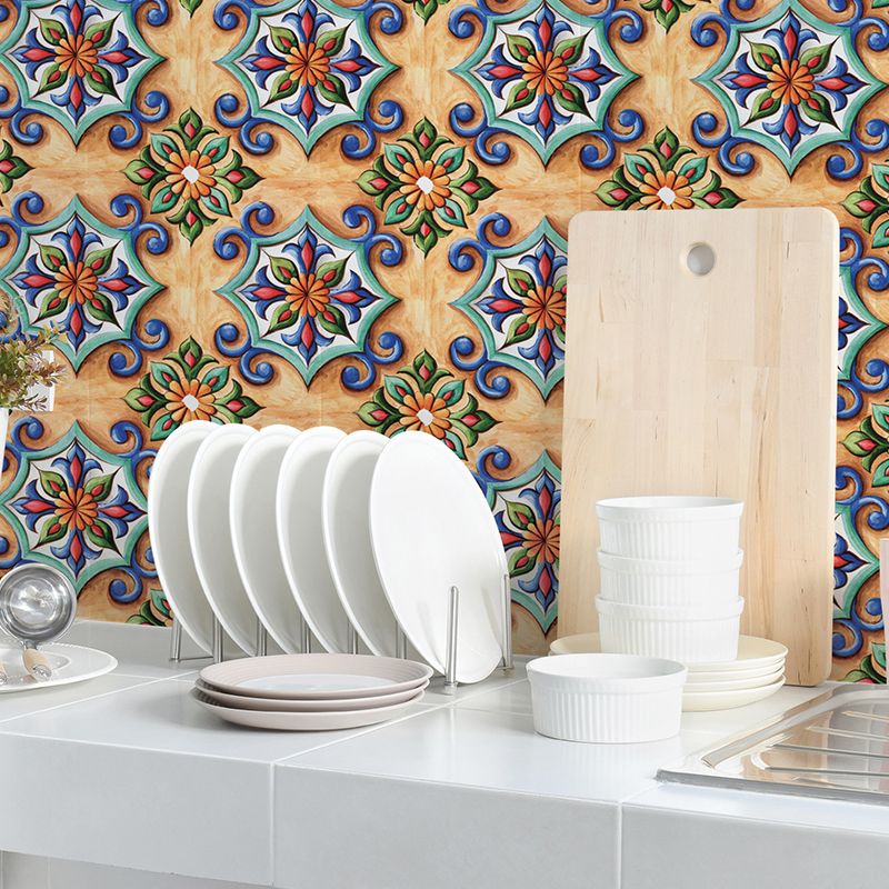 Boho-Chic Floral Tile Wallpaper Panels Orange Peel and Stick Wall Art for Kitchen