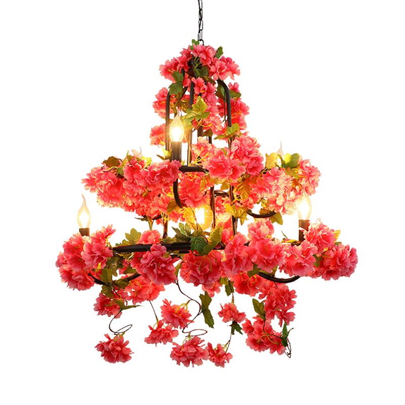 Cherry Blossom Restaurant lustre éclairage Vintage Metal 7 Lumières Rose rouge Suspension LED