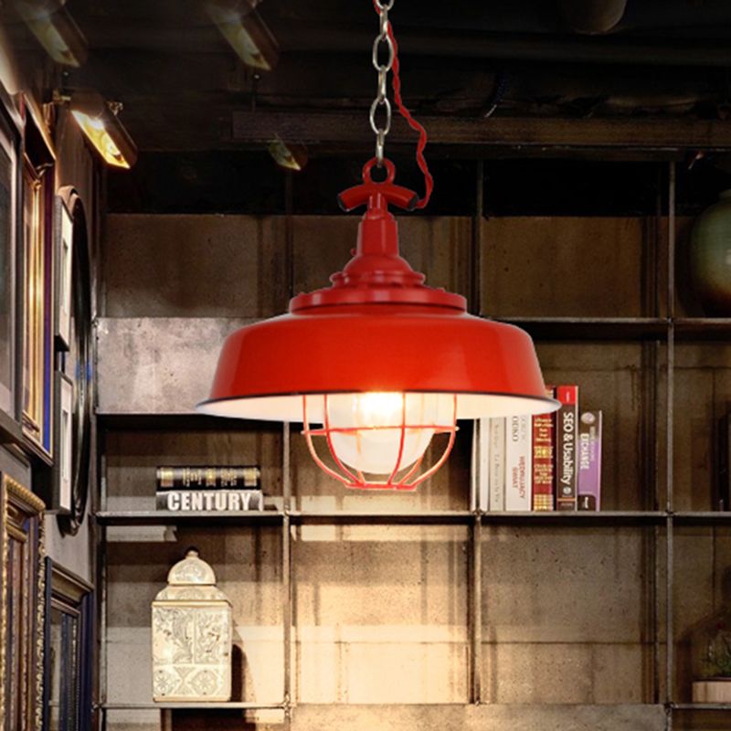 Barn Shade Restaurant Pendant Light Industrial Metal 1-Light Red Hanging Lamp with Wire and Chain