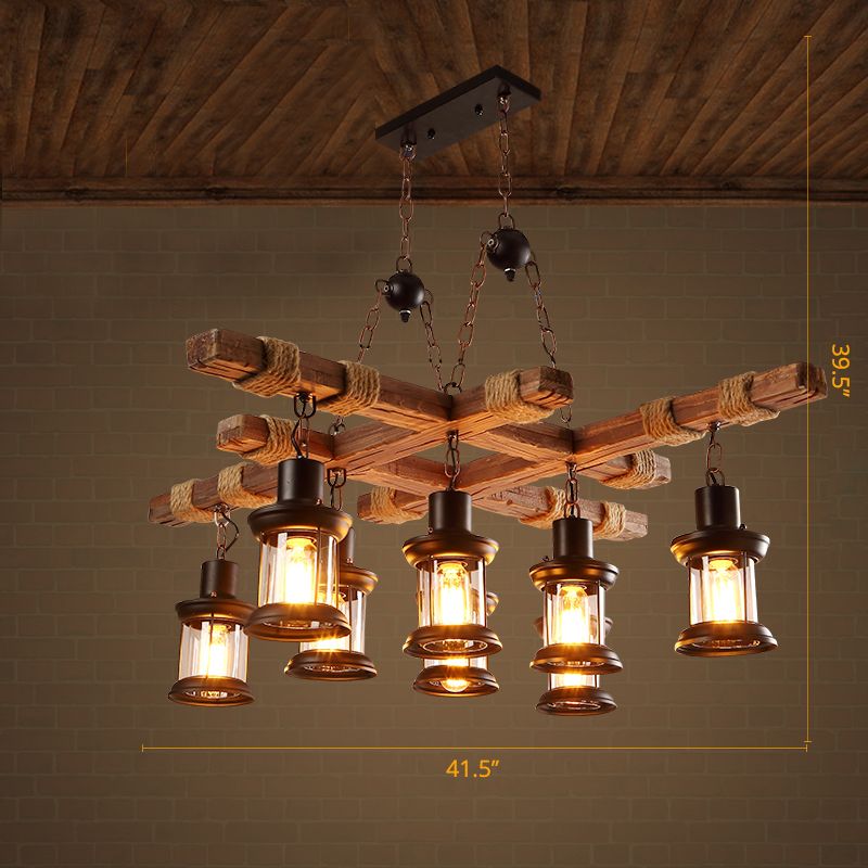 8 Lights Chandelier Nautical Pub Suspension Lighting with Lantern Clear Glass Shade in Wood