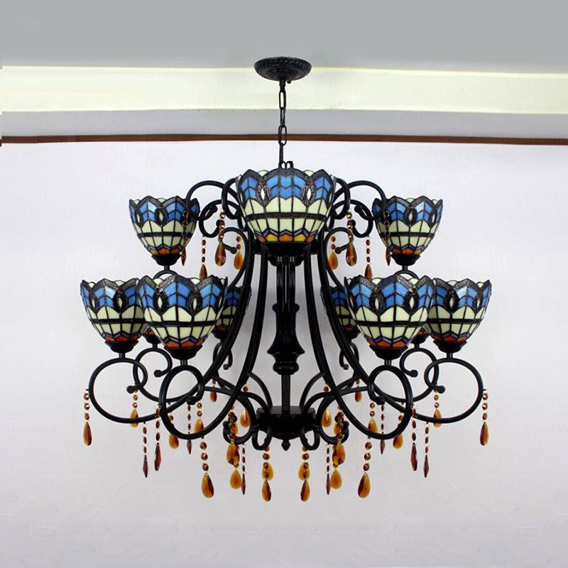 Lumière suspendue en forme de bol Verre tachée rustique 11 lumières lustre avec cristal en bleu pour salle à manger