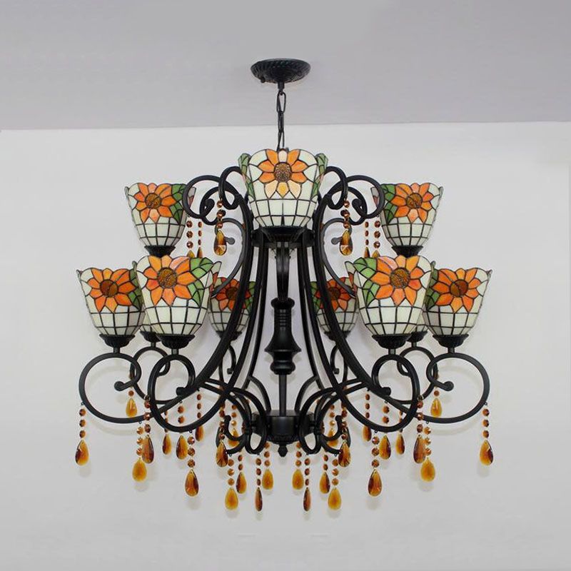 Lodge Bowl Chandelier Stained Glass 11 Lights Decorative Inverted Chandelier with Crystal in Orange