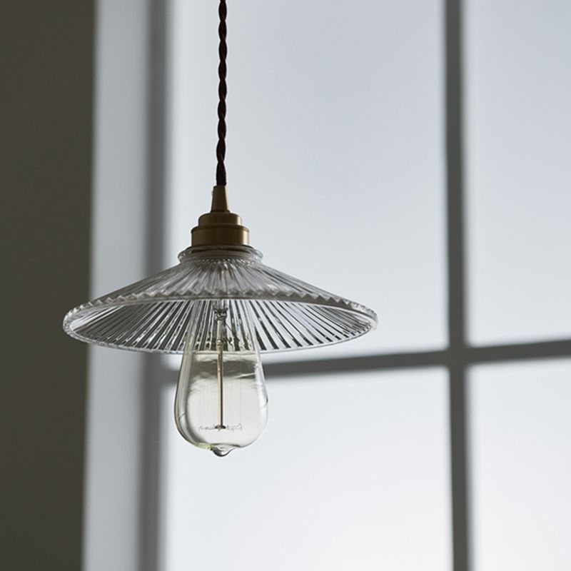 Industrial Style Brass Hanging Lamp Cone Shade 1 Light Fluted Glass Pendant Lamp for Restaurant