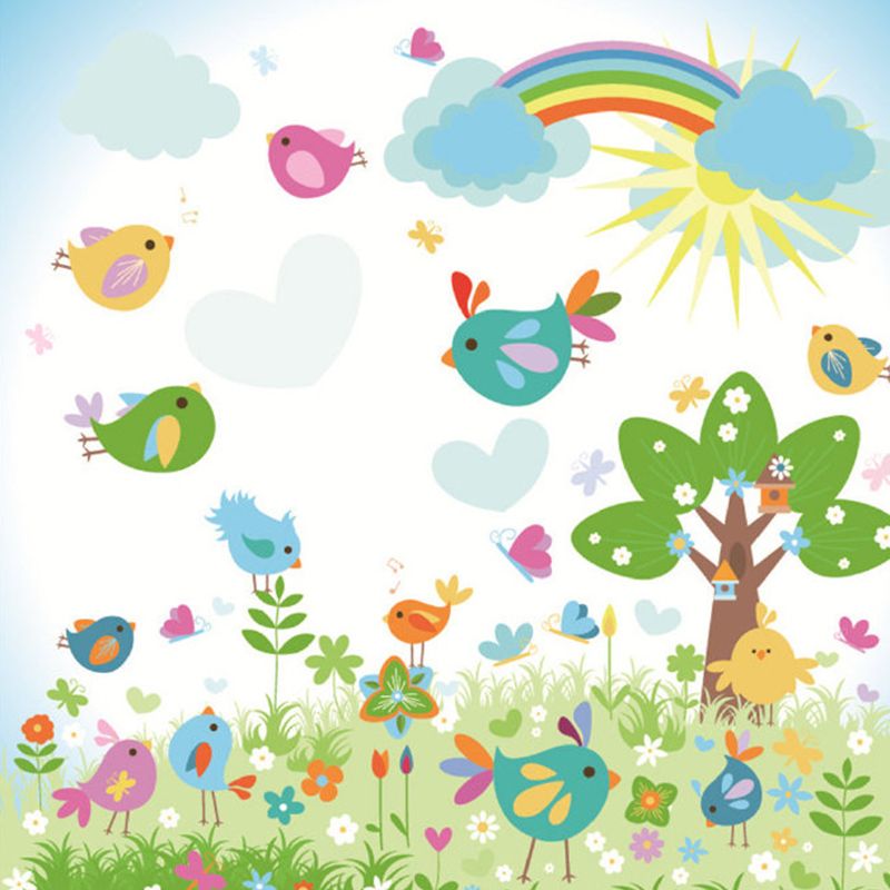 Cartoon Spring Scene Wall Murals Colorful Stain Resistant Wall Covering for Kids Room