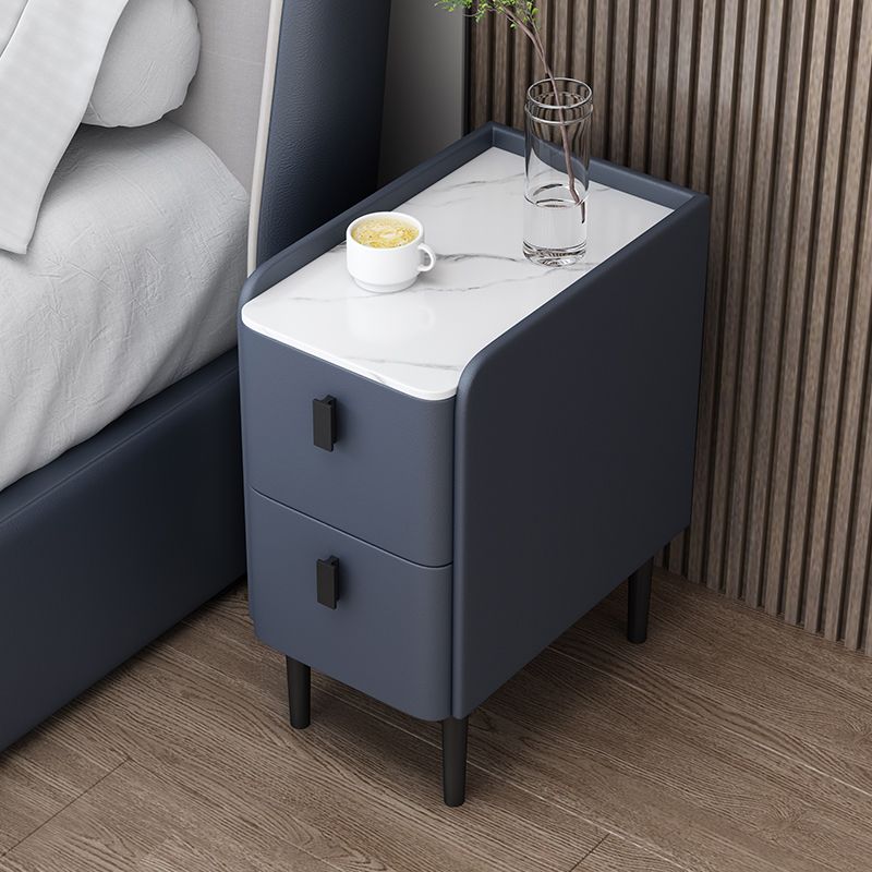 Modern Stone Top Night Table with Drawers 4 Legs Leather Nightstand