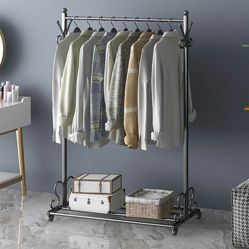 Contemporary Metal Coat Rack Hanging Rail Lower Shelf and Hooks Hall Tree