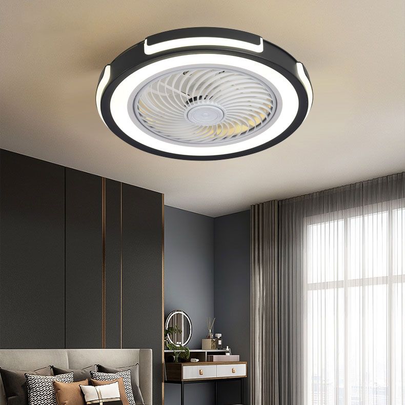 Montaje de ventilador LED circular de acrílico en ventiladores de techo de hierro forjado de estilo creativo moderno para dormitorio