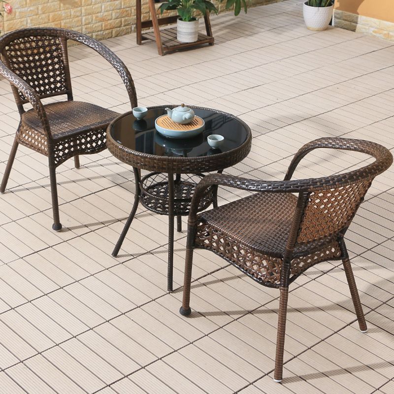 Faux Rattan Patio Dining Side Chair with Steel Base in Brown