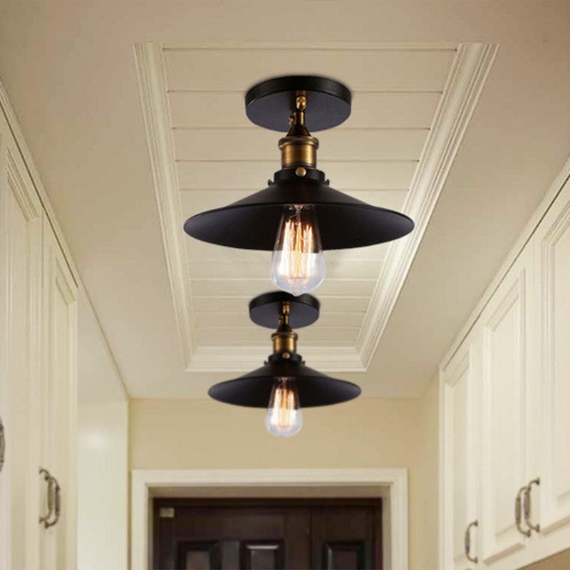 Black 1-Light Cone Shade Semi Flush Mount Lighting Vintage Style Metal Ceiling Light for Hallway