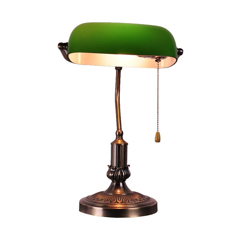 1 Head Green Glass Night Lamp Vintage Antiqued Brass Bending Bedside Table Light with Pull Chain